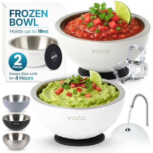 Vora 18oz Dip Chiller Bowl | 2 Pack White Stainless Steel Chilled Dip Bowl for Dips Guacamole Hummus Salsa | Insulated Serving Dishes with Easiest Water Fill & Refillable Chamber