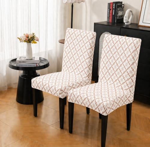 Image of HOMETHREADS Stretchable Elastic Jacquard Chair Seat Cover and Waterproof Dining Table Cover | Removable,Washable & Durable Chair Protector |for Dining Room (F Beige, 4Chairs+1Table Cover (150X180))