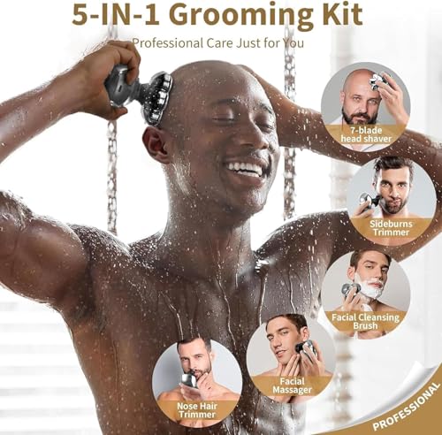 Image of Detachable Head Shavers, SHPAVVER 5 in 1 Electric Razor IPX7 Waterproof for Bald Men, Wet Dry LED Display Rechargeable 7D Rotary Shaver Grooming Kit with Type C Charge A，Bright Silver