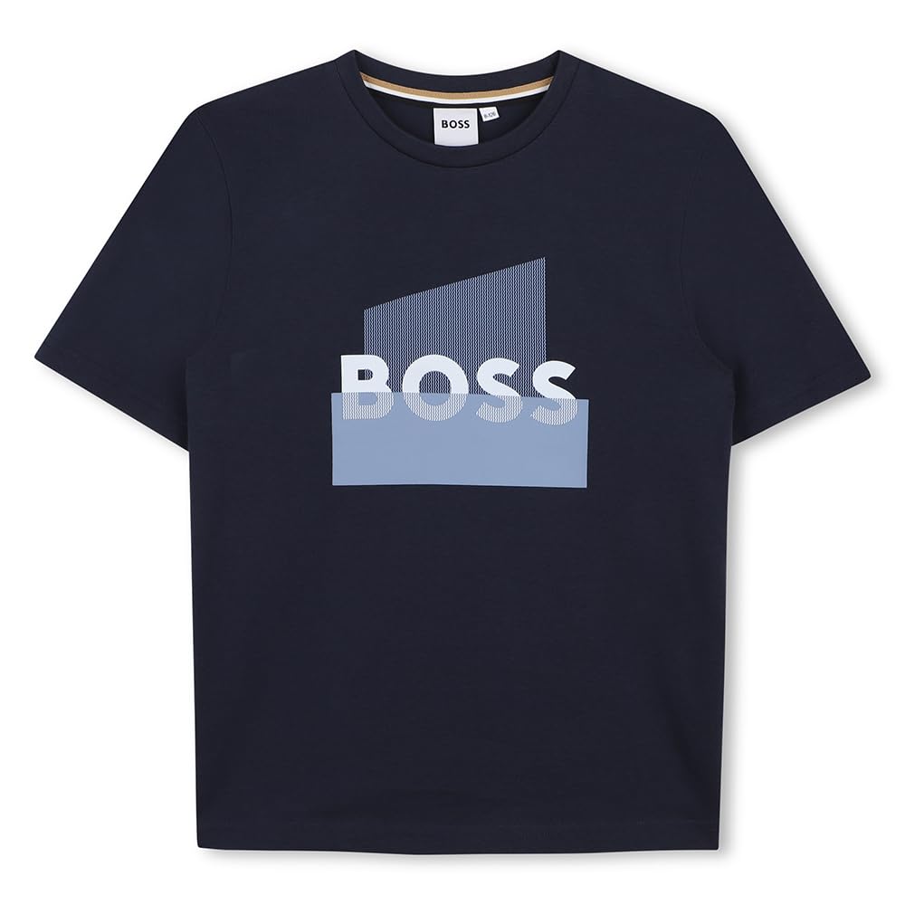 BOSS Playera para niño y Teen Color Azul Marino con Estampado Grande al Frente