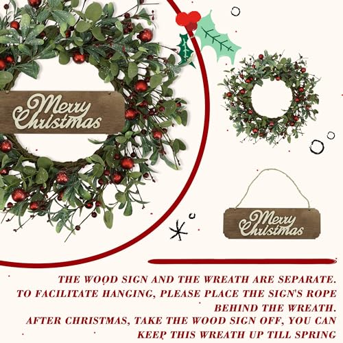 Image of YNYLCHMX 20 Inch Christmas Wreath for Front Door, Winter Wreath with Welcome Sign Eucalyptus leaves Red Berry, Artificial Door Xmas Wreaths for Window Wall Fireplace Farmhouse Holiday Party Decoration