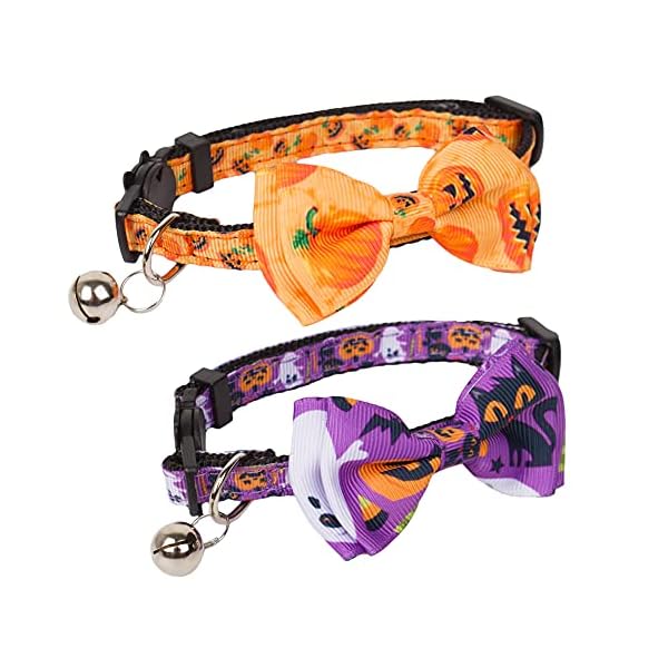 Adoggygo halloween cat collars with bow bell, breakaway cat collar with bowtie pumpkin ghost cat kitten collar for girl boy cats kittens (halloween) - image 3