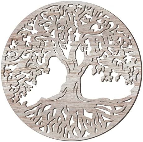 Tree of Life Wooden Wall Art Decor Wooden Tree Wall Sculpture 11.8 Inch Tree of Life Wood Wall Decor Hollowed Out Tree Wall Hanging Sign for Farmhouse Home Wall Hanging Decoration Supplies (White)