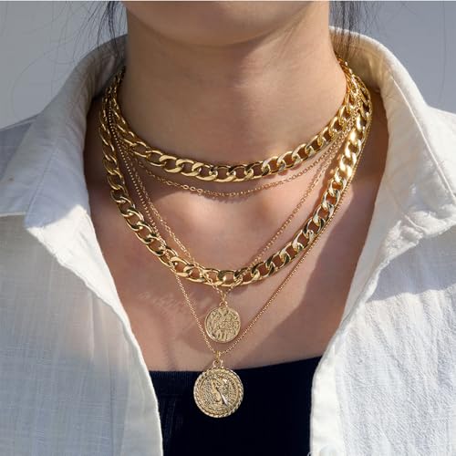 Atiptu Vintage Pirate Necklace for Women Chunky Layered Link Chain Choker Coin Necklaces Punk 80s 90s Necklace Pirate Jewelry for Women Men Prom Costume2