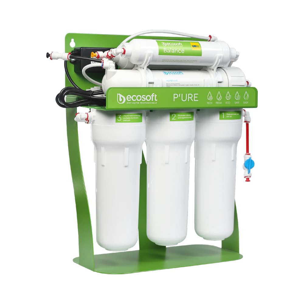 Ecosoft P’URE Balance avec pompe | filtre à osmose inverse directe | 5 étapes de filtration | filtration sur châssis métallique | système d’eau potable pour maison | enrichi en minéraux