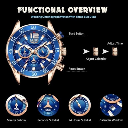 Image of LIGE Men's Watch Chronograph Genuine Brown Leather Strap Rose Gold Case with Date, Luminous Hand Analog Watches for Men | Gift for Men