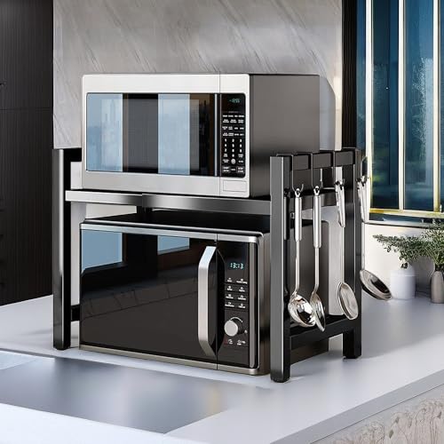 PKOUVOO Estante Extensible para Microondas,Soporte Extensible 40-65 cm,Estanteria para Microondas Encimera,para Encimera Estanteria Mueble con 4 Ganchos (negro) - imagen 3