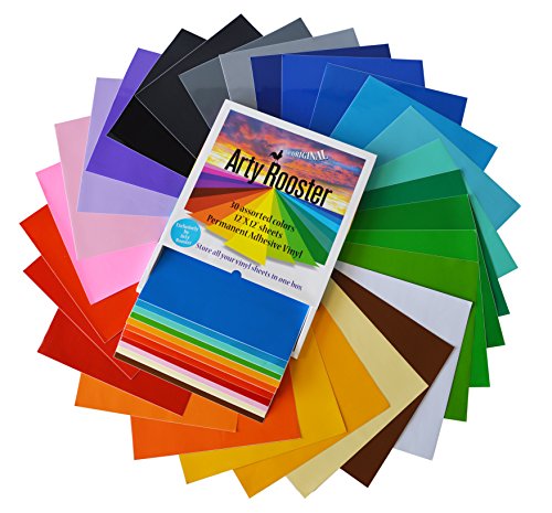 Adhesive Vinyl Sheets by Arty Rooster in a Protective Box | 12"x12" - 30 Permanent Vinyl Sheets | Assorted Colors Craft Vinyl for Cricut, Silhouette, Craft Cutters | Make Your Own Design