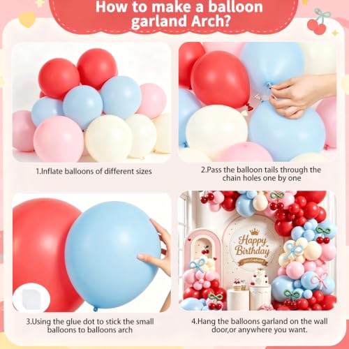 Image of Cherry Balloon Arch Kit, Red Blue Pink White Green Bow Light Mist Balloons