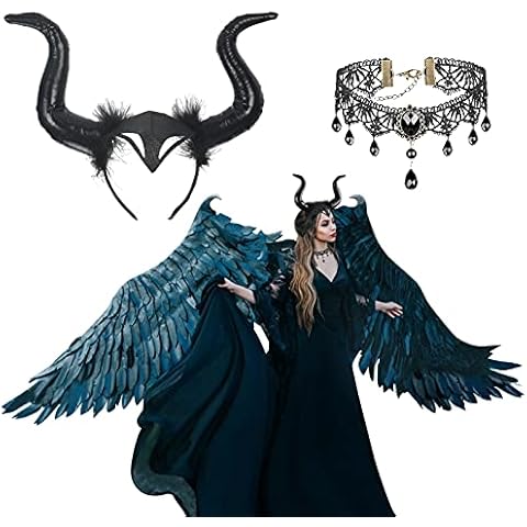 HAMOOM Evil Witch Horn Devile Demon Horns Headdress Black Gothic Steampunk Horn Queen Horns Headband Maleficent Cosplay Hair Accessories with Lace Choker Necklace for Halloween Masquerade Fancy Party Cover