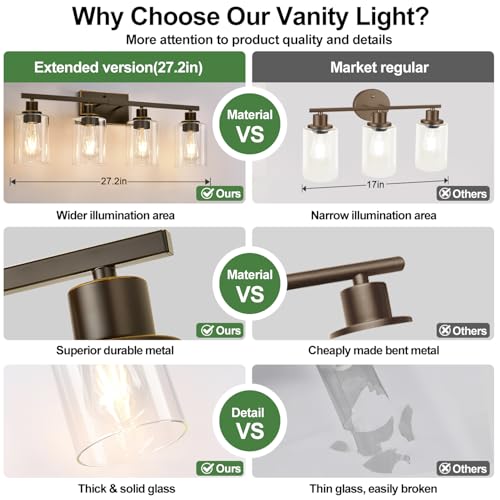 Image of MOKATNG 4-Light Bathroom Light Fixtures, Vanity Light with Clear Glass Shades, Oil-Rubbed Bronze Bathroom Light Fixtures Over Mirror, Modern Bathroom Wall Lamp for Mirror Living Room Cabinet Bedroom