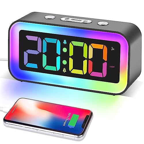 RGB Alarm Clock with Smart Night Light, Adjustable Brightness, Dual Alarm,Sound Control, Super Loud Digital Alarm Clock USB Charger,for Teens Bedrooms, Heavy Sleepers Adults