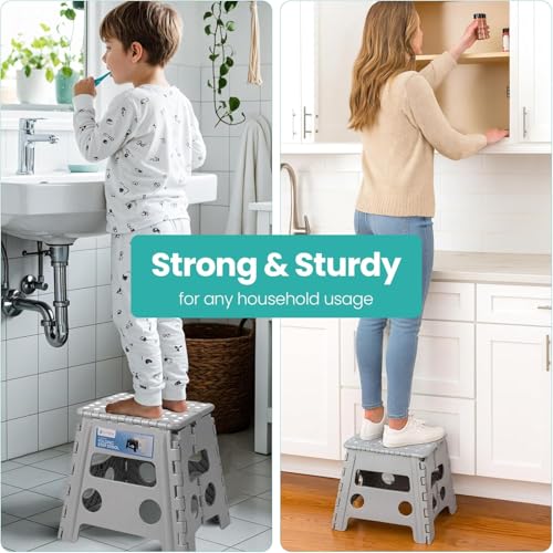 Image of 12 Inch Super Strong Folding Step Stool to Support Adults and Safe Enough for Kids. Opens Easy with One Flip. Great for Kitchen, Bathroom, Bedroom, Kids or Adults (Light Grey)