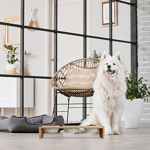 Relaxdays Futterstation Hund, Hundebar 3 Näpfe, je 400 ml, spülmaschinenfest, Bambus & Keramik, Napfständer, Natur/weiß