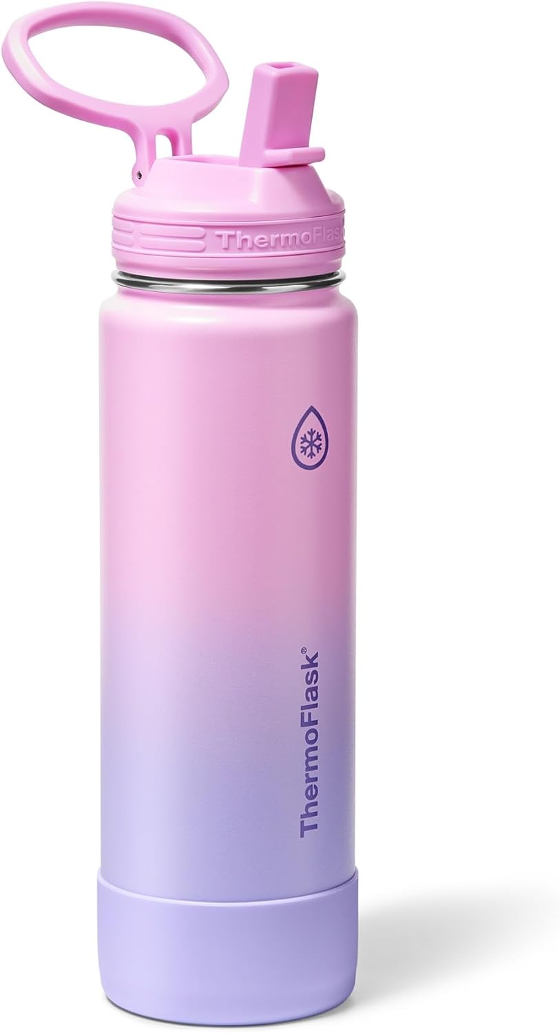 ThermoFlask 24 oz Double Wall Vacuum Insulated Stainless Steel Water Bottle with Straw Lid, Purple Sunset