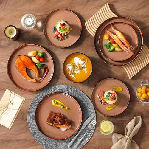 Image of vancasso Plates and Bowls Sets, 18 Pieces Stoneware Dinnerware Sets for 6, Kitchen Dish Set Mircowave and Dishwasher Safe Ceramic Dishware, Dark Brown, Series AMBER