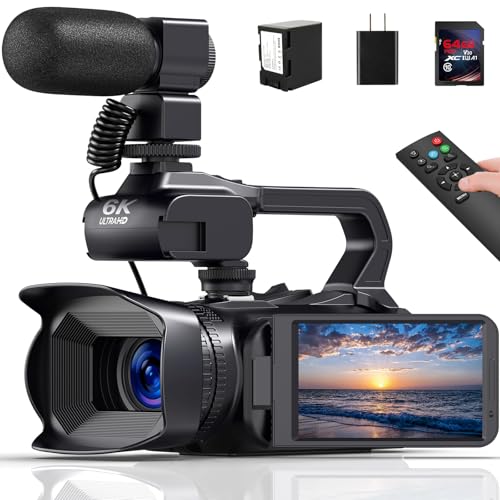 6K Video Camera Camcorder, 64MP 18X Digital Zoom IR Night Version Vlogging Camera for YouTube, HD WiFi Video Camera with 4500mAh Battery, SD Card, Stabilizer, Mic, Remote Control and Charger