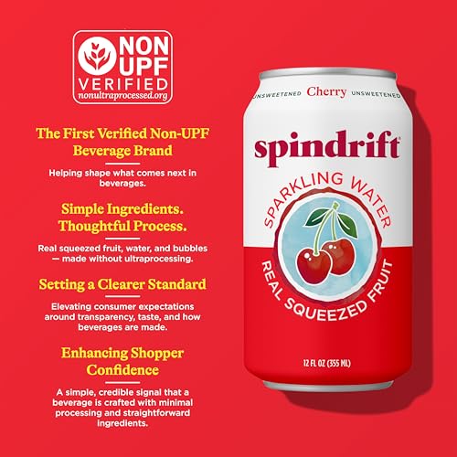 Image of Spindrift Sparkling Water, Cherry Flavored, Made with Real Squeezed Fruit, 12 Fl Oz Cans, Pack of 24 (Only 21 Calories per Can)
