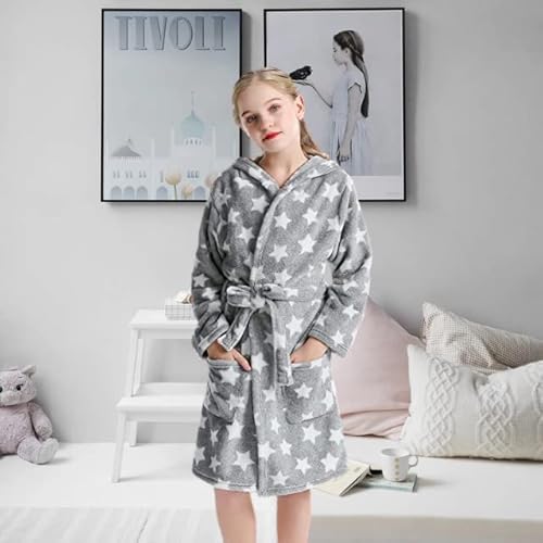 V.&Grin Girls Fleece Robe, Hooded Toddler Soft Fuzzy Bathrobe For Kids 3-14 Years（Star Gray 7-8） #TOP1