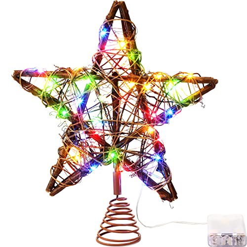 Star Tree Toppers Christmas Decorations Indoor Natural Brown Rattan Star Christmas Tree Topper Lighted Rustic Rattan Star Rustic Rattan Treetop Holiday Xmas Party Decorations (Coloured Light) #TOP9