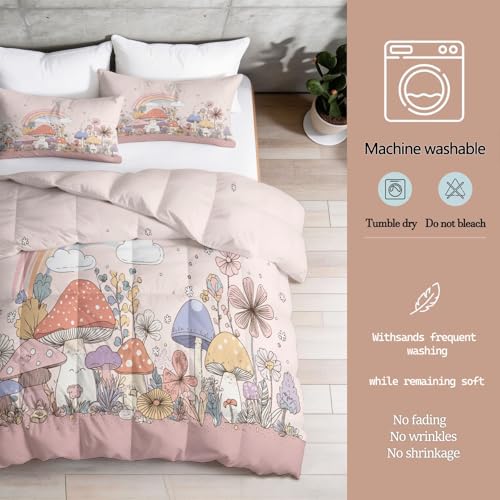 Couette 220x240 rose réversible en microfibre douce avec motif champignon