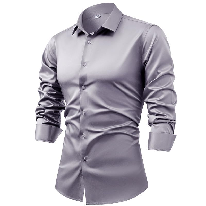 Camicia da Uomo A Maniche Lunghe in Raso di Seta con Gemelli, Camicie Eleganti, Casual, Lucide, con Bottoni, di Lusso, per Feste, Balli di Fine Anno, Matrimonio, Lavoro, Top Non Stirabile