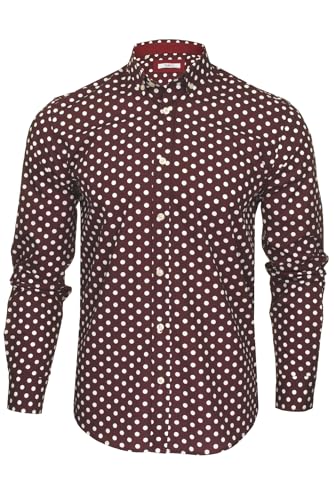 Image of Xact Men's Polka Dot Long Sleeved Shirt, 100% Cotton, Slim Fit, Button-Down Collar, Mod Vintage (Burgundy/White) L