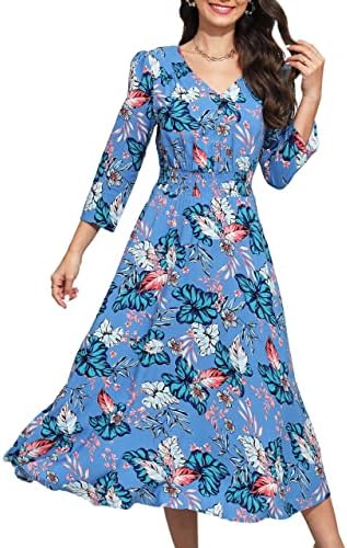 M.Nollby Maxi Dress for Women 2023 3/4 Sleeve Beach Party Dress V Neck Casual Loose Floral Print Long Dresses