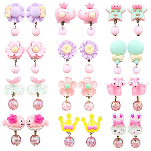 RainbowTrip 12 Pairs Clip on Earrings for Kids, Cute Earrings Toys, Earrings for Little Girls, Surface Round Beads Tassel Candy, Flower, Crown, Star Earrings, Best Gift (RT-12-Surface Earrings)