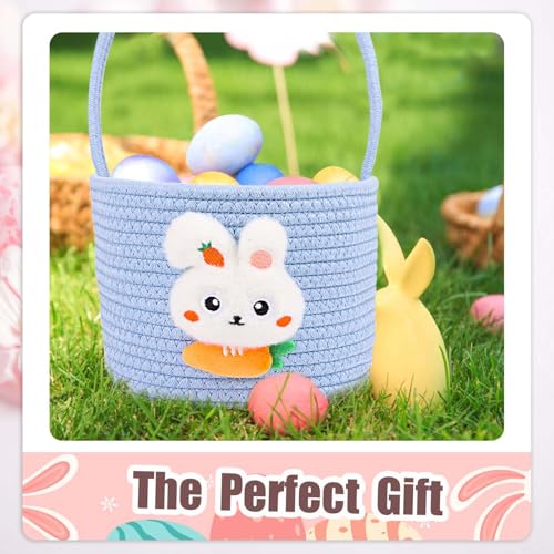 Image of DIYASY Easter Basket for Kids, Woven Bunny Eggs Basket with Handle Gifts Tote Bag Candies Buckets for Boys Girls Toddler Baby Party Decorations Blue