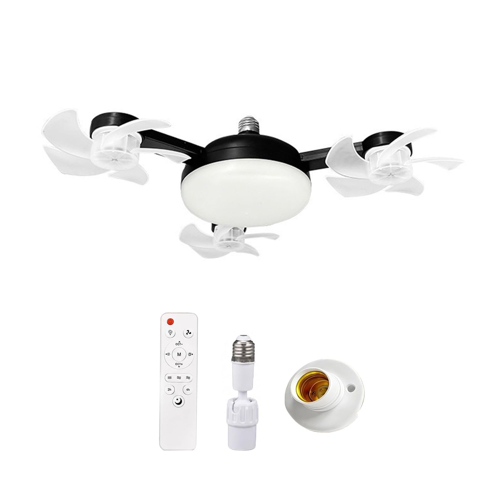 Ceiling Fan with Light and Remote Control, Foldable Blade Silent LED Fan Light, E27 Socket Fitting, 3-Speed Dimmable Lamp for Bedroom Kitchen, 40-60cm Adjustable Black 3pcs D