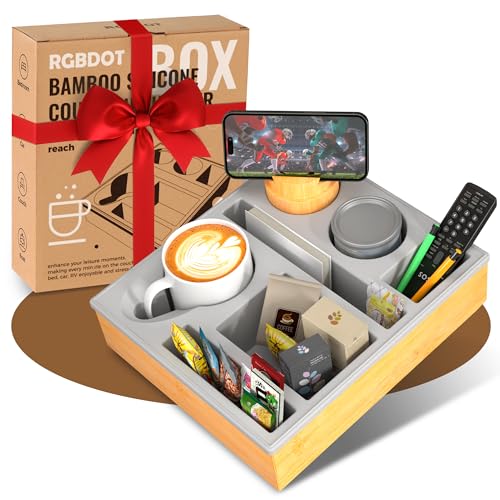 Couchbar Snackbox Silikon sofatablett mit 360 Grad Drehbar Handyhalter beistelltisch mit Holz Sofatablett für Sofa, kino Deko… – Ansicht 1