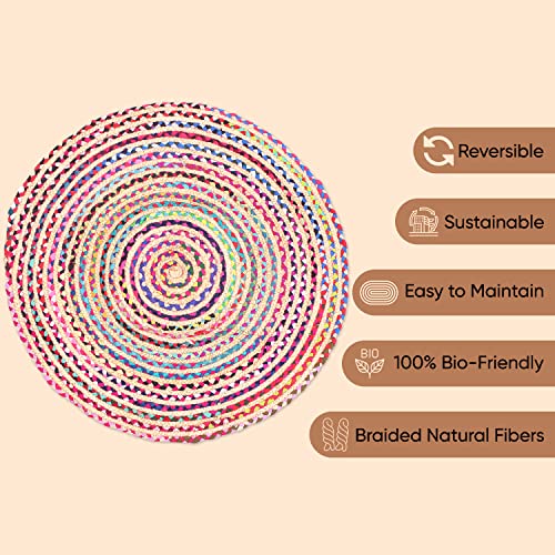 Indian Artistic Jute Cotton Multi Chindi Round Rag Rug 3X3' | Hand Woven Rug & Reversible Rug | Cotton Rag Rug | Handmade Multicolored Reversible Braided Rag Rug | Runner Rugs (Round Shape) #TOP5