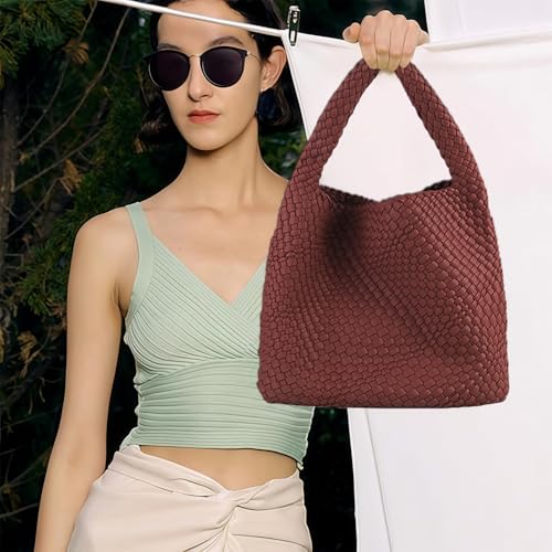 Image of Woven Tote Bag for Women with Purse, Vegan Leather Hobo Bags Large Handmade Underarm Shoulder Bag