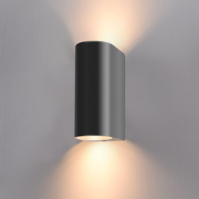 FUDESY LED Outdoor Wall Lights Mains Powered, IP44 Up Down Exterior Wall Sconce, Modern Plastic Round Wall Mounted for Front Door, Patio, Hallway, Porch, Post, Garage, GU10 Base, 3000K Warm White