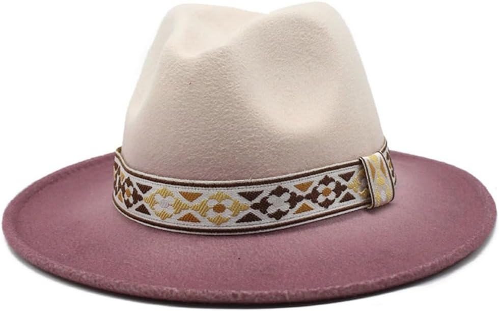 Wide Brim Fedora Hat with Geometric Pattern Band, Two-Tone Brown and Beige, Western Style