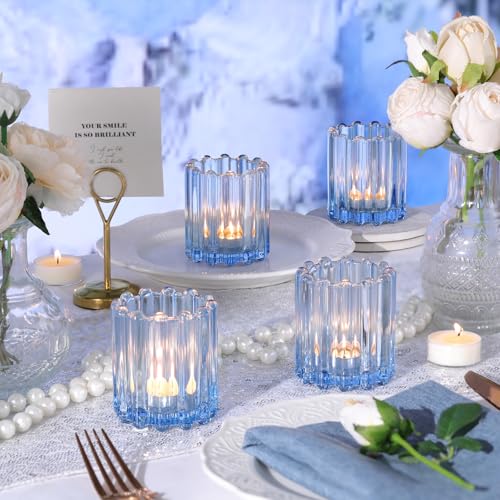 HAVITI Glass Blue Votive Candle Holder, Ribbed Votive Candle Holders Set of 12, Tealight Candle Holder for Wedding Centerpieces Dinner Party Table Decor by HAVITI - Image 6