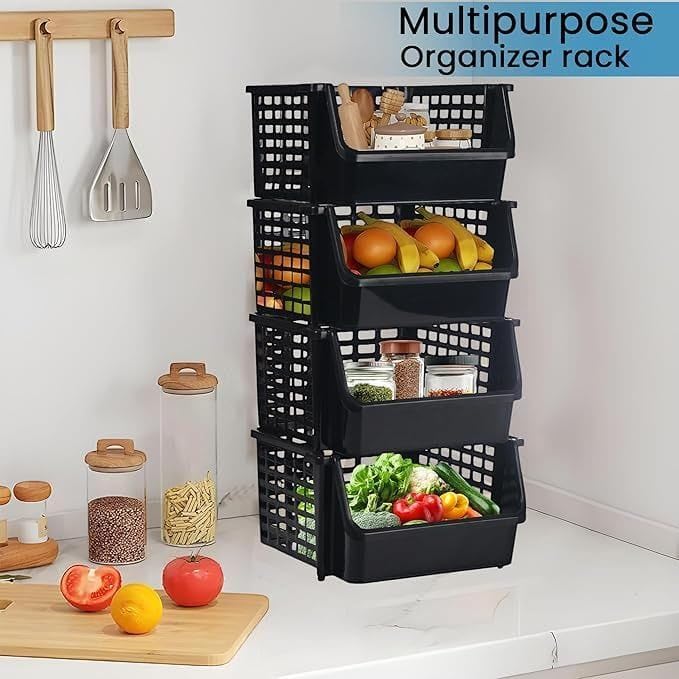 Image of ARTO Stackable Plastic Organizer Rack | Multi-Layer Basket Shelf for Kitchen, Bathroom & Office | Ventilated Storage for Fruits, Vegetables & Supplies | Tool-Free Assembly | Durable PP | Multicolor