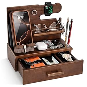 Teslyar Wood Phone Docking Station with Drawer – Solid Ash Desk & Nightstand Organiser, Phone Charging Stand, Bedside Phone Holder, Valet Tray for Wallet Watch Keys Glasses, Men & Women Gift (Brown)