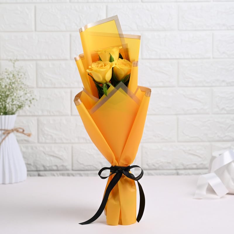 Image of FlowerAura Premium Fresh Live Flower Bouquet of 3 Yellow Roses In Designer Paper Gift For Birthday | Anniversary | Love | Home Decor | Fathers Day Gift For Dad (Same Day Delivery)