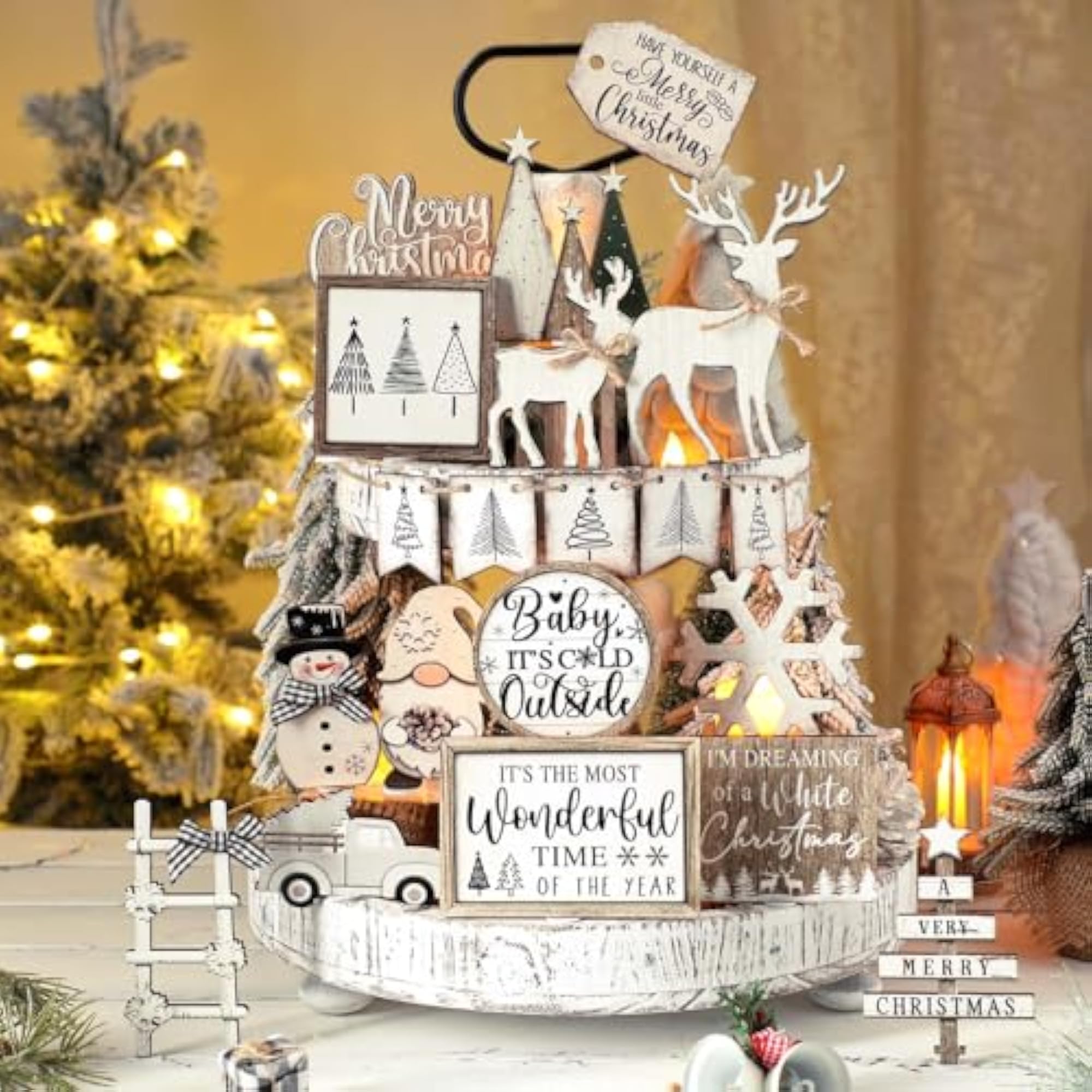 20 Pcs Christmas Tiered Tray Decor for Rustic Winter Theme