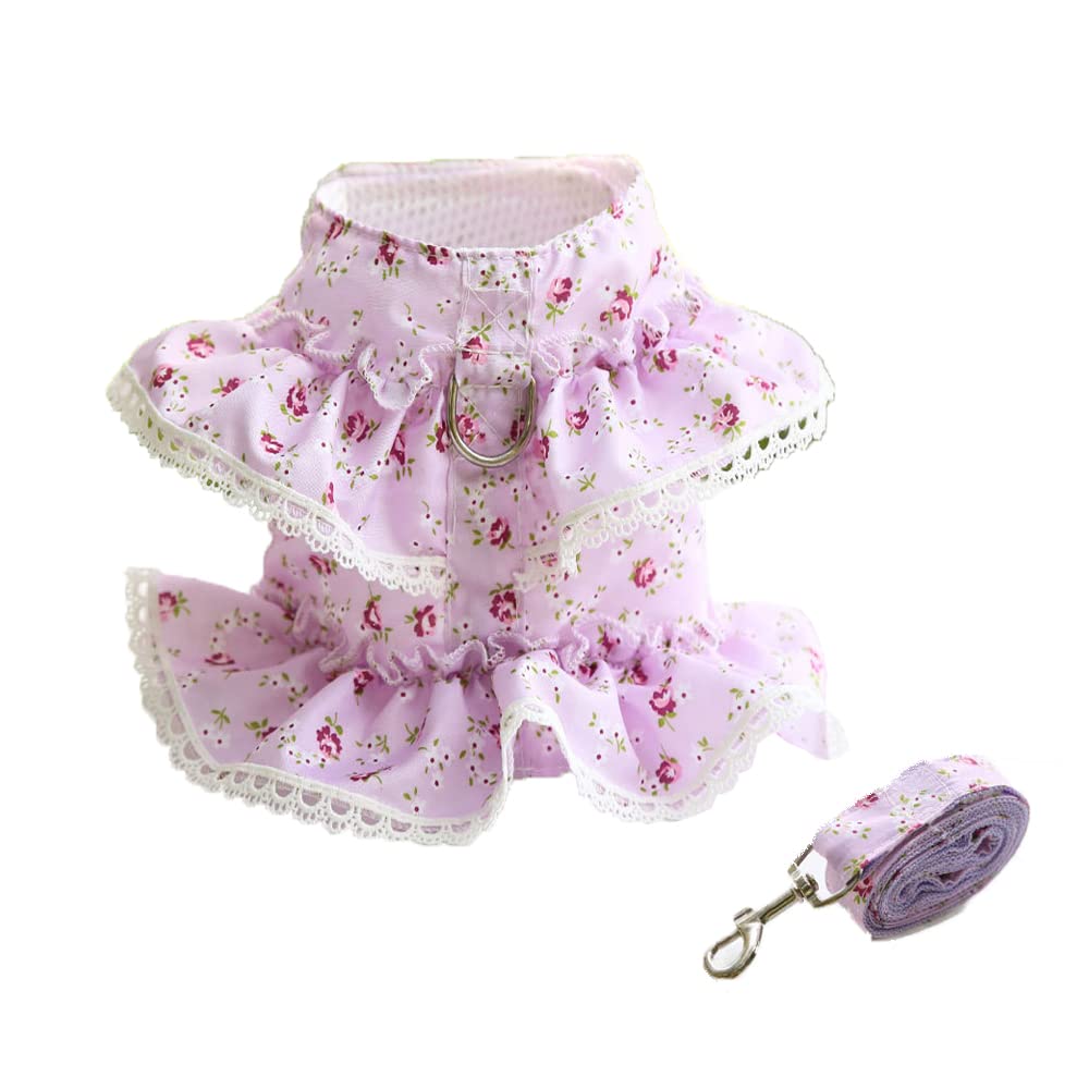 LtuzPet Vintage Floral Dog Dress with Leash Dog Harness Dress Leash Set Puppy Cat Rabbit Dresses with D-ring