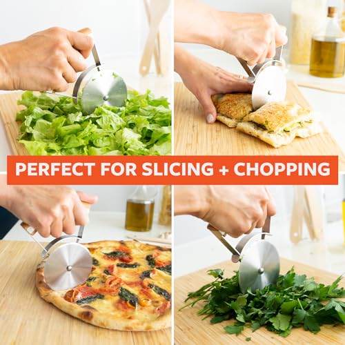 Image of Full Circle Slice Pizza Wheel, Dishwasher Safe | Stainless steel precision with a safety cover and a rotating handle for better leverage
