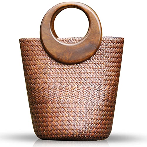 Bolso de playa de rattan tejido con asa de madera miniatura 1