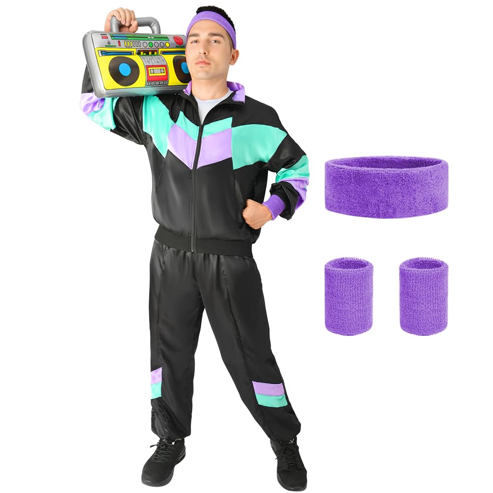 Aomig 80s Height of Fashion Shell Suit Costume, 80s Fancy Dress Men Women with Headband Wristbands, 1980s Disco Fancy Dress, 80s 90s Outfits Fashion Retro Tracksuit for Halloween Carnival Party(L)