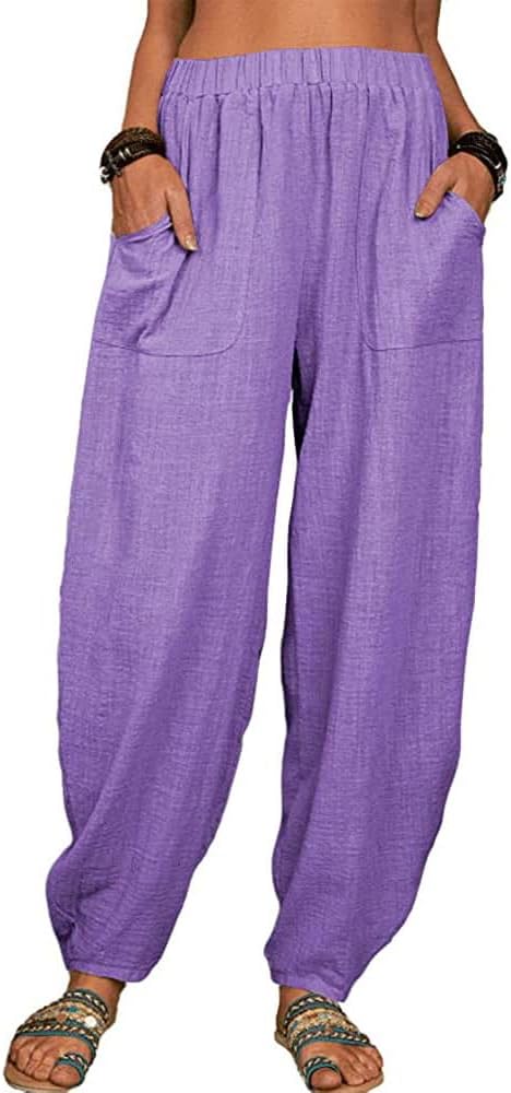 ZOCANIA Womens Casual Pants Yoga Athletic Wide Leg Lightweight Cotton Elastic Waist Loose Fit Workout Pants with Pockets