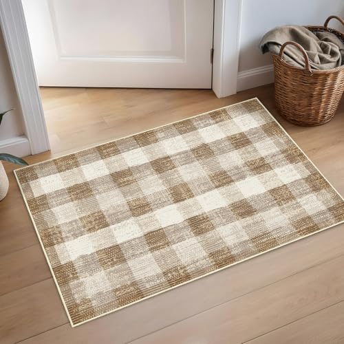 Image of Checkered Area Rug, 2x3, Brown | Washable, Non Slip, Modern Neutral, For Living Room Bedroom Office Patio Dining Room