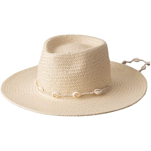 Seashells Beaded Beach Hats with Chain for Women Fashion Straw Woven Fedora Sun Summer Holidaty Panama Cap Beige, 1-2