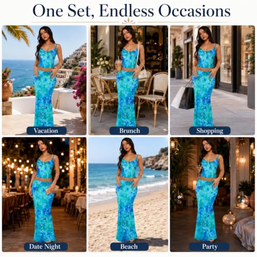 Image of Two Piece Skirt Set Women Maxi Long Skirt and Top Outfit | Soft stretchy 5 pc, slim bodycon, adjustable spaghetti straps, ruched crop tank, elastic waist, going out, beach vacation