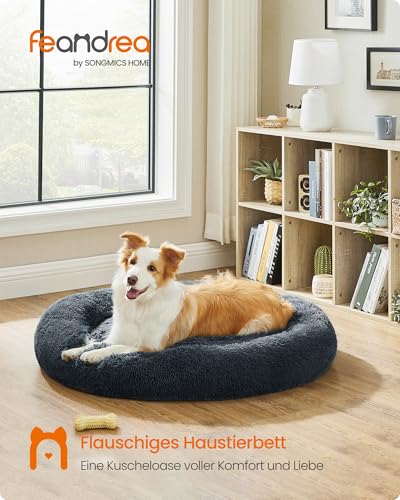 Feandrea Hundebett flauschig, Katzenbett, Donut Kissen, waschbar, Polsterung in der Mitte herausnehmbar, Langer Plüsch, 90 cm Durchmesser, dunkelgrau PGW041G02